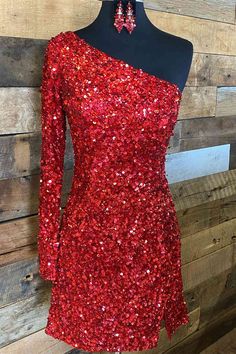 Glitter One Sleeve Red Sequined Homecoming Dress Burgundy Homecoming Dresses, Graduation Dresses, Sequin Prom Dresses, Party Dress Long Sleeve, Mini Party, Short Homecoming Dress, Short Cocktail Dress, فستان سهرة, Note Box