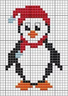 a cross stitch pattern with a penguin wearing a red hat and scarf on it's head