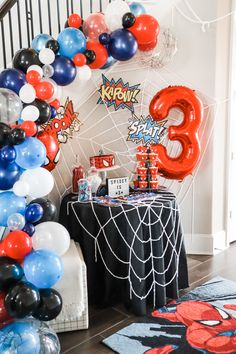 Spider-man birthday party 3rd boy superhero Spiderman Birthday Party Balloons, Spiderman Birthday Balloons, Third Birthday Spiderman, Marvels Theme Birthday Party, 2nd Spiderman Birthday, Spiderman Bday Decoration, Spidey And His Amazing Friends Birthday Party Decorations, Spider Man Party Decoration, 4th Superhero Birthday Party