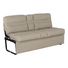 a beige couch with two reclinings on it's back legs and arms