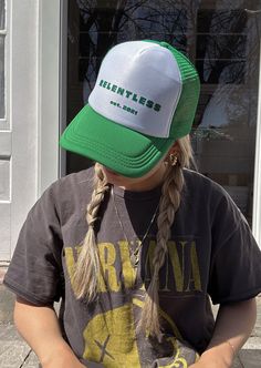 Green Trucker Hat, One Size Green Trucker Hat, Cabin Core, Medium Long Hair, Favorite Hairstyles, Sales Gifts, Jacket Tops, Dress Accessories, Hair Inspiration, Trucker Hat