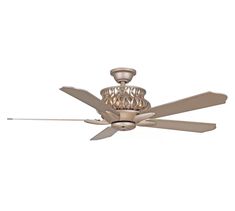 a ceiling fan that is on top of a white wall and has three blades attached to it