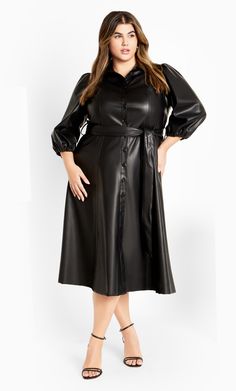 Level up your eveningwear with the Ellis Dress. Crafted with a faux leather fabrication and designed with elbow length sleeves, this A-line detailed dress keeps you excited as you strut. Key Features Include: - Collared neckline - Elbow length sleeves with elastic cuff - Button down front closure - Darts for shaping - Removable self-tie belt - Midi A-line skirt - Faux leather fabrication Match with faux-leather ankle heel boots. | Plus Size Ellis Dress in Black, Size 20 | City Chic | Plus Size E Sleek Faux Leather Dresses For Fall, Spring Formal Faux Leather Dress, Formal Faux Leather Spring Dresses, Formal Faux Leather Dresses For Spring, Formal Spring Faux Leather Dress, Long Sleeve Faux Leather Evening Dress, Faux Leather Long Sleeve Formal Dress, Formal Long Sleeve Faux Leather Dress, Elegant Faux Leather Dress For The Office