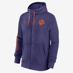 The Sideline Team Issue Hoodie is made with a soft cotton-polyester blend and full-zip closure to help you comfortably support your Clemson Tigers in chilly temperatures. Nike Swoosh Logo, Clemson Tigers, Sports Top, Purple Fashion, Mens Activewear, Full Zip Hoodie, Logo Embroidered, Men's Nike, Game Day