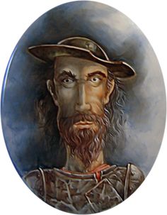 a painting of a man with long hair and a beard wearing a cowboy hat is shown