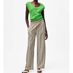 High-Waisted Flowy Pants With Elastic Waistband. Hidden In-Seam Side Pockets. Wide Leg. Matched Top Listed Separately Xl: Waist 34-42”, Hip 48”, Length 43”, Inseam 31”, Xxl: Waist 36-44”, Hip 50”, Length 43”, Inseam 31”, Color Ecru / Blue Zara Wide Leg Cotton Pants For Summer, Zara Green Bottoms For Vacation, Casual Zara Pants For Vacation, Zara Casual Pants For Vacation, Zara Bottoms With Elastic Waistband For Day Out, Zara Casual Summer Pants, Zara Stretch Wide Leg Pants For Summer, Zara Relaxed Fit Summer Pants, Zara Green Casual Wide Leg Pants