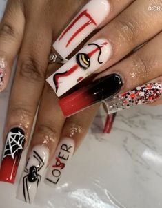 Easy Nail Art Long Nails, Halloween Nails With Rhinestones, Penny Wise Nails, Spidey Nails, Cdg Wallpaper, Camouflage Nails, Horror Nails, Holloween Nails, Halloween Acrylic Nails