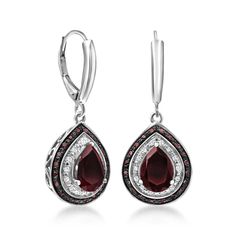 Ross-Simons - 3.70ct t. w. Garnet, .12ct t. w. Red Diamond Drop Earrings, White Diamond Accents. Positively regal and exceptionally radiant, our drop earrings provide unmatched elegance. Richly hued 3.70 ct. t. w. pear-shaped garnets are framed by white diamond accents and .12 ct. t. w. red diamonds in sterling silver. Party-ready and also perfect for a date night! Black rhodium. Hanging length is 1 3/8". Leverback, diamond and garnet drop earrings. Our red diamonds are natural diamonds that hav Red Pave Setting Jewelry Gift, Red Diamond Teardrop Earrings, Classic Red Round Diamond Earrings, Classic Red Jewelry With Diamond Accents, Red Pave Setting Jewelry For Gift, Red Teardrop Jewelry With Diamond Accents, Red Diamond Drop Earrings For Formal Events, Red Diamond Drop Earrings For Formal Occasions, Classic Red Halo Design Earrings