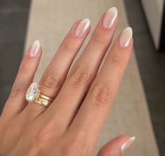 Gel Nail Full Set, Simple Almond Nails Neutral, Milky Sheer Nails, French Tip Hard Gel Nails, Almond Shape Simple Nails, French Manicure White Chrome, Sofia Richie Wedding Nails, Gel X Wedding Nails, Shimmery French Tip Nails