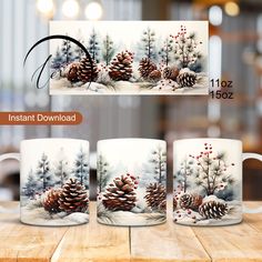 three coffee mugs with pine cones and berries on them sitting on a wooden table