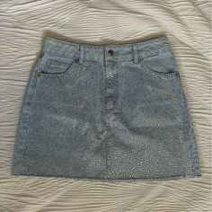 Brand New Topshop Bedazzled/Rhinestone Denim Skirt. Never Worn With Tags Size: 8 (Fits A Medium) Rhinestone Denim Skirt, Rhinestone Denim, Denim And Diamonds, Y2k Skirt, Grey Skirt, Clothing Staples, Women Skirts, Gray Skirt, Chic Woman