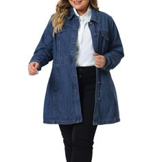 Featuring a button-up front design and long sleeves, this jacket is both practical and stylish. The classic denim look adds a touch of effortless cool to your outfit, making it suit for everyday wear. The chain buttons add a unique touch to this timeless piece, making it perfect for both casual and dressy occasions. The mid-length hemline provides coverage and warmth on cool days, while the lightweight material ensures breathability and comfort throughout the day. It is versatile enough to be pa Solid Denim Jacket With Pockets For Work, Long Sleeve Denim Jacket With Buttoned Pockets For Fall, Long Sleeve Denim Jacket With Buttoned Pockets For Winter, Winter Long Sleeve Denim Jacket With Buttoned Pockets, Winter Denim Jacket With Buttoned Pockets, Single-breasted Denim Jacket With Lapel Collar For Fall, Relaxed Fit Long Sleeve Denim Jacket With Buttons, Single Breasted Denim Jacket With Lapel Collar For Fall, Lapel Collar Single Breasted Denim Jacket For Fall