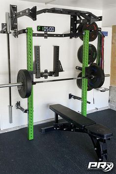 a bench and weight rack in a gym