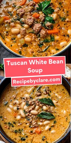 two bowls of tuscan white bean soup with spinach, carrots and beans