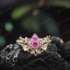 Vintage Pear Shaped Pink Sapphire Engagement Ring  Nature Inspired Cluster Promise Ring Solid Gold Art Deco Leaf  Gemstone Anniversary Women -->Ring details: - Theme:Romantic Wedding & Engagement - comfortable band - Engagement Ring - Center Stone : Lab pink sapphire - Stone carat: 6*8mm - Natural and conflict-free diamonds - Side stone:0.087ctw - Color: G-H - Clarity: SI-VS -Wedding band - Stone: - 1. Natural and conflict-free diamonds and Lab pink sapphire - Natural Diamonds:0.06ctw - Color: G Pink Jeweled Wedding Ring, Pink Jeweled Ring For Gift, Pink Jeweled Ring As Gift, Pink Jeweled Ring Gift, Pink Jeweled Ring Perfect For Gift, Elegant Pink Jeweled Rings, Pink Jeweled Jewelry For Anniversary, Engagement Ring Nature, Pink Sapphire Engagement Ring