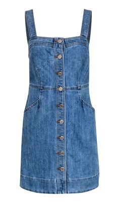 Be a style icon in this medium wash denim overall dress from Michael Kors! Featuring a button front, you can rock it with sneakers for a weekend look, or with some sandals when you've got brunch plans. Versatile and chic, it's a must for any fashionista's wardrobe! Size 0 67% Cotton, 32% Polyester, 1% Elastane Unlined Button front closure Sleeveless Two front slip pockets Bust 31" Waist 28" Shoulder to hem 34" Denim Overalls Dress, Virgo Rising, Jean Dresses, French Girl Chic, Denim Overall Dress, Chic Shop, Overall Dress, Fashion Story, Celebrity Dresses