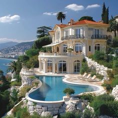 a large house with a pool in front of it