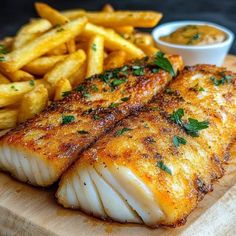 some fish and french fries on a cutting board