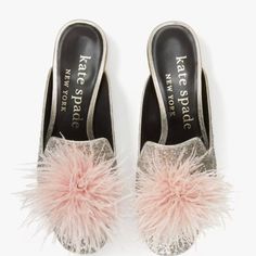 Glitter With Feather Trim Lining: 100% Sheep Leather 1" Heel Round Toe Slide On Runs A Half Size Small! Fits Like A Sz. 7! Kate Spade Almond Toe Heels For Party, Kate Spade Heels, Feather Trim, Kate Spade Shoes, Sheep Leather, Shoe Closet, Slide On, Kate Spade New York, Shoes Women Heels