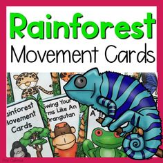 rainforest themed movement cards with the words rainforest and an image of a blue chamelon