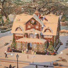 a painting of a house with christmas decorations on the front and side of it's roof