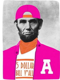 an old photo of abraham lincoln wearing a pink jacket and orange hat with the letter a on it