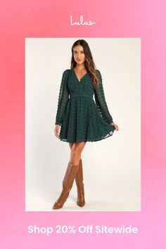 We're not going to lieâ€”the Lulus Always on Repeat Emerald Green Clip Dot Long Sleeve Mini Dress is a 'fit we'd wear again and again! Lightweight woven chiffon, with a clip dot texture throughout, shapes this stylish dress that has long balloon sleeves with button cuffs and gathering at the shoulders. Surplice bodice sits above a banded waist, falling to a cute A-line mini skirt. Hidden zipper/clasp at back. Fit: This garment fits true to size. Length: Mid-thigh. Size medium measures 34.5" from shoulder to hem. Bust: Great for any cup size. Waist: Fitted - very fitted at natural waist. Hip: Not Fitted - fuller skirt allows room for hips. Undergarments: May be worn with any standard bra. Fabric: Fabric has no stretch. Lined. Shell: 100% Polyester. Lining: 100% Polyester. Hand Wash Cold. Do Casual Formal Dresses, Emerald Green Dresses, Dot Texture, Lulu Fashion, Casual Wedding Dress, A Line Mini Skirt, Long Balloons, Again And Again, Long Sleeve Mini