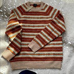 Beautiful J Crew 100% Soft Lambswool In Beautiful Soft Browns And Tans With Light Blue And Rust Accent Colors Mens M Nwt Brown Nordic Sweater For Fall, Brown Fair Isle Sweater For Fall, Retro Brown Wool Sweater, Beige Crewneck, Leather Elbow Patches, Elbow Patch Sweater, Waffle Sweater, Lambswool Sweater, Henley Sweater