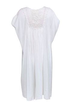 Be vacation-ready with this fabulous mini caftan by Suzie Kondi! White gauze and a crotchet neckline signal beach vibes, but the dress can also be worn on a lazy Sunday in the sun. Pair with slides, flat sandals, or wear barefoot for the ultimate warm weather piece. Size S 100% Cotton Tent silhouette V-neckline Crotchet neckline w/ front tie Bust 58" Waist 58" Shoulder to hem 42" Casual White Cover-up With Crochet Trim, Bohemian Flowy Beach Dress For Daywear, Lace Trim Beach Cover-up Dress, White Lace Trim Beach Dress, Bohemian Flowy Cover-up For Daywear, Flowy Bohemian Cover-up For Daywear, Bohemian Beach Dress With Short Sleeves For Daywear, White Crochet Trim Dress For Vacation, White Bohemian Beach Dress With Lace Trim