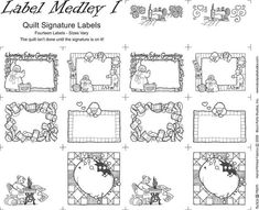 the label medley 1 quilt signature labels are shown in black and white, with images of teddy bears on them