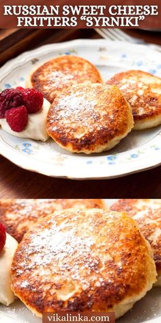 russian sweet cheese pancakes with raspberries and cream on top, served on a plate