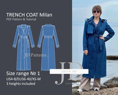 Trench Coat Milan US4-8/EU36-40/XS-M (size range #1). PDF Sewing pattern and tutorial illustrated with photos. This size range includes 3 sizes, each available in 3 different heights (158-166 cm, 166-174 cm, 174-182 cm). When you purchase this size range, you'll receive all 3 sizes and heights. To choose the correct size, refer to the size chart in the photo gallery. Links to other sizes are available at the bottom of the description. The file is provided in both A4 and Plotter formats. ... The item includes a detailed sewing instruction for creating your very own trench coat! With this comprehensive guide, even those with minimal sewing experience can confidently craft a stylish trench coat. The instruction includes step-by-step photos for every part of the process and detailed descriptio Trench Coat Sewing Pattern, Trench Coat Pattern, Coat Sewing Pattern, Women's Trench Coat, Coat Sewing, Coat Pattern Sewing, Womens Sewing Patterns, Pattern Tutorial, Coat Patterns