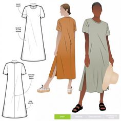 a woman's dress and top sewing pattern, with the measurements shown below it