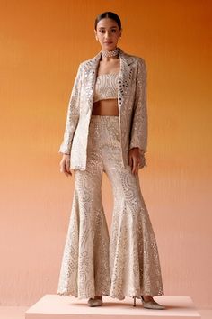 Ivory sharara with mirror embellishment in scallop pattern. - Aza Fashions Intricate Mirror, Beadwork Embroidery, Wear Crop Top, Jacket For Women, Scalloped Edges, Western Outfits, Indian Outfits, Aza Fashion, Stylish Dresses