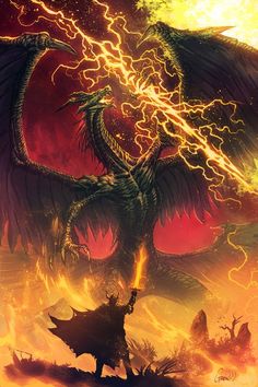 a large dragon standing on top of a fire covered field