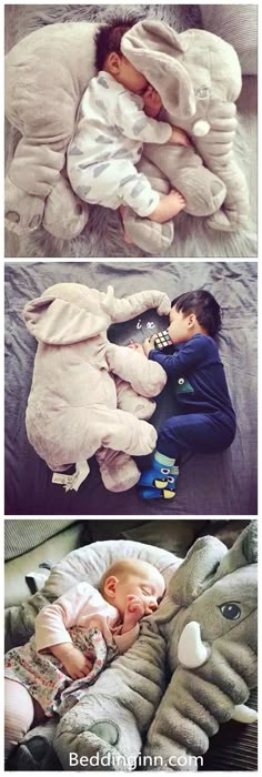 there are two pictures of the same person sleeping in an elephant costume and another photo of a baby laying on top of it