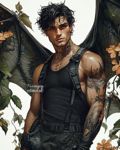 a drawing of a man with tattoos and wings on his arm, standing in front of flowers