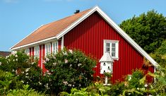 a red house with white windows surrounded by greenery