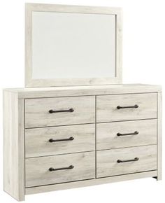 a white dresser with a mirror above it and drawers below the dresser is an oak wood frame