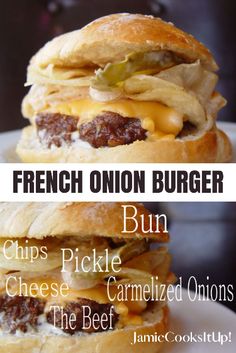 two sandwiches stacked on top of each other with the words french onion burger buns