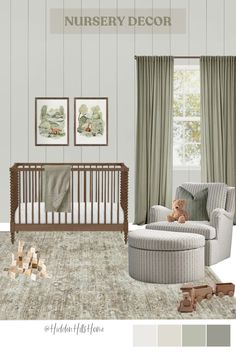 a baby's nursery room is shown with neutrals and green colors, including the crib