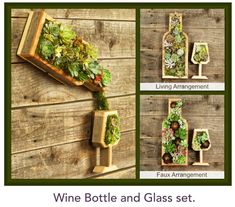 wine bottle and glass set with succulents on the outside, hanging from wooden planks