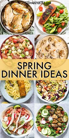 a collage of different dishes with the words spring dinner ideas