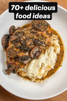 a white plate topped with mashed potatoes and mushrooms