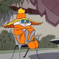 a cartoon character sitting in a chair with an orange hat and sunglasses on his head