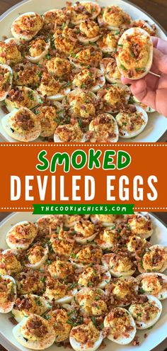 smoked deviled eggs on a white platter with text overlay