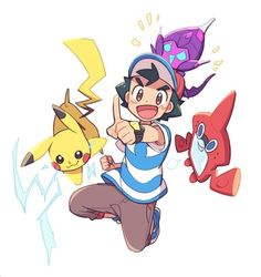 the pokemon characters are running and pointing to something in front of their faces, with one person holding a cell phone