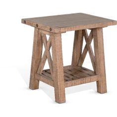 a small wooden table sitting on top of a white floor