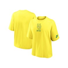 Showcase your unmoving dedication to the Oregon Ducks by grabbing this Boxy Legacy Established T-shirt from Nike. It features a spirited Oregon Ducks graphic along with the university's founding year for an endearing showing of support. The boxy fit gives this tee a relaxed feel, making it a comfy choice and the perfect complement to your go-to team cap when gameday arrives.Showcase your unmoving dedication to the Oregon Ducks by grabbing this Boxy Legacy Established T-shirt from Nike. It featur Retro Nike T-shirt With Letter Print, Nike Retro T-shirt With Letter Print, Nike Graphic Print Tops For College, Nike Retro Tops With Letter Print, Nike Yellow T-shirt With Graphic Print, Nike Yellow, Team Cap, Oregon Ducks, Ducks