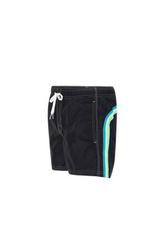 Sundek 'Boardshort' men's swimsuit, black, contrasting color profiles, low elasticated waist with white drawstring and logoed ends, two side welt pockets, one back pocket with velcro and applied logo patch, regular fit. Composition: 100% Poliammide Black Nylon Swimwear With Drawstring, Black Beachwear Shorts For Pool, Black Drawstring Swim Trunks For Beachwear, Black Beachwear Swim Trunks For Surfing, Black Swimwear With Drawstring For Swimming, Black Nylon Shorts For Pool, Black Drawstring Pool Bottoms, Black Swimwear Shorts With Pockets, Casual Black Swimwear For Pool